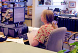 A Library School student learns how to catalog library materials by cataloging KSU Dissertations in the Cataloging Department. The Technical Services area welcomes practicum and GSAs from Kent State �s School of Library and Information Science.