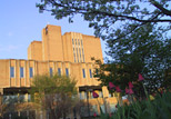 Sunrise view of the Main Library from the flowerbeds