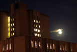 Early fall morning, with the Library backlit by the full moon
