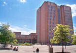 Plaza outside the Main Library's front doors on a sunny day