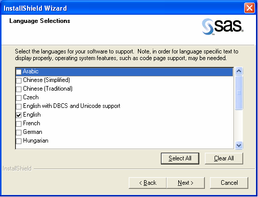 SAS Language Selections