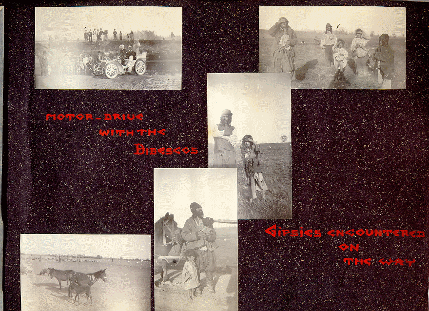 Page 13 of the photo album. Includes 5 photos of people in motor cars and horses.