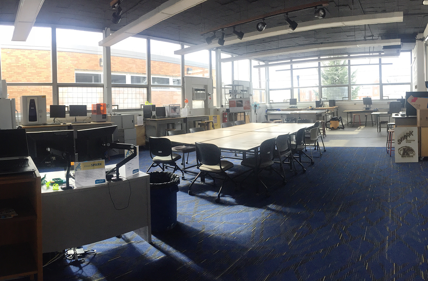 View of Spark's makerspace from the entrance to Room 191