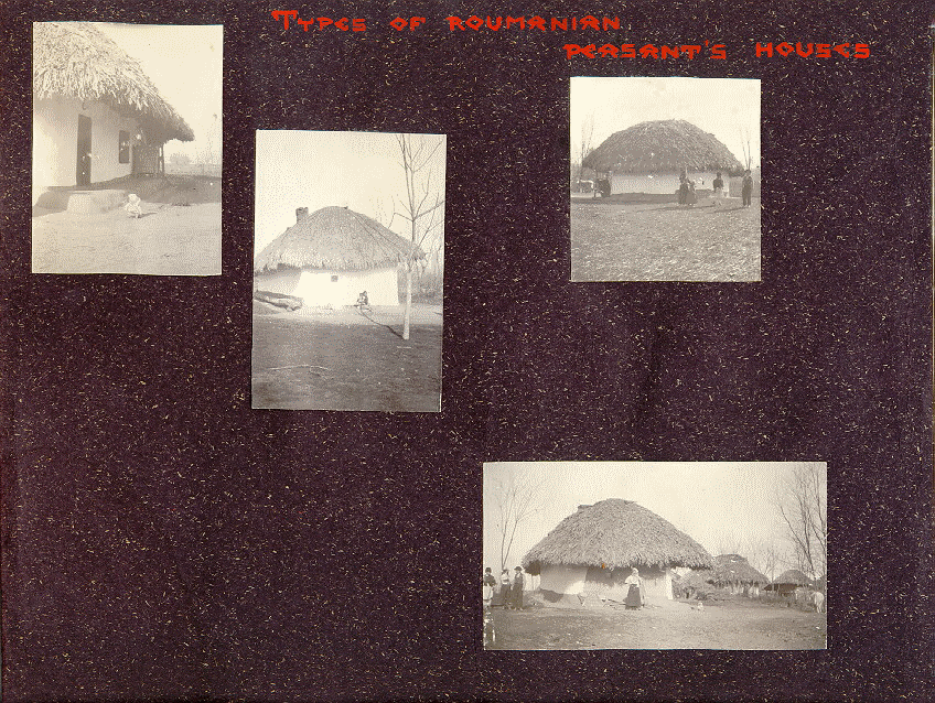 Page 12 of the photo album contains 4 pictures. Caption: "Types of Roumanian Peasant's Houses"
