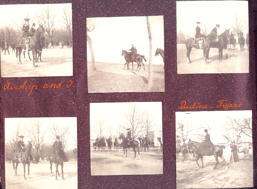 A page of the album with six photos of people on horseback.