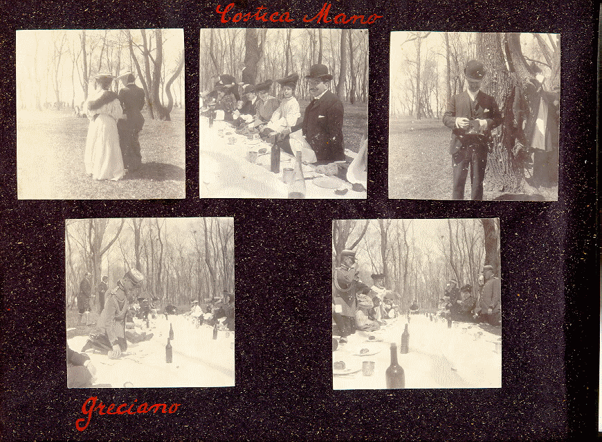 Page 6 of the album contains 5 photos of people on a picnic. Captions: "Costica Mano" and "Greciano"