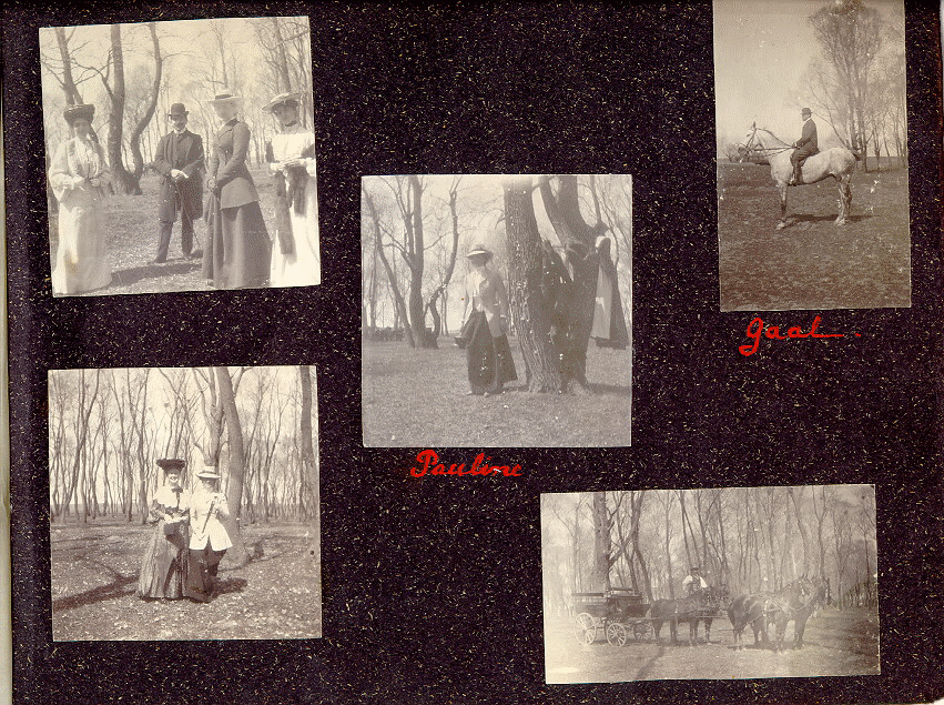 Page 7 of the album includes 5 photographs of people in a park and on horseback.