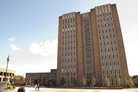 Exterior view of the 12-story Kent Campus University Library.
